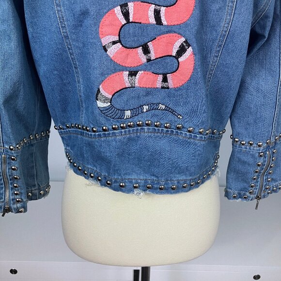 Fernanda Farah Snake Patch Denim Crop Moto Jacket Embroidered Studded Medium - Picture 6 of 14